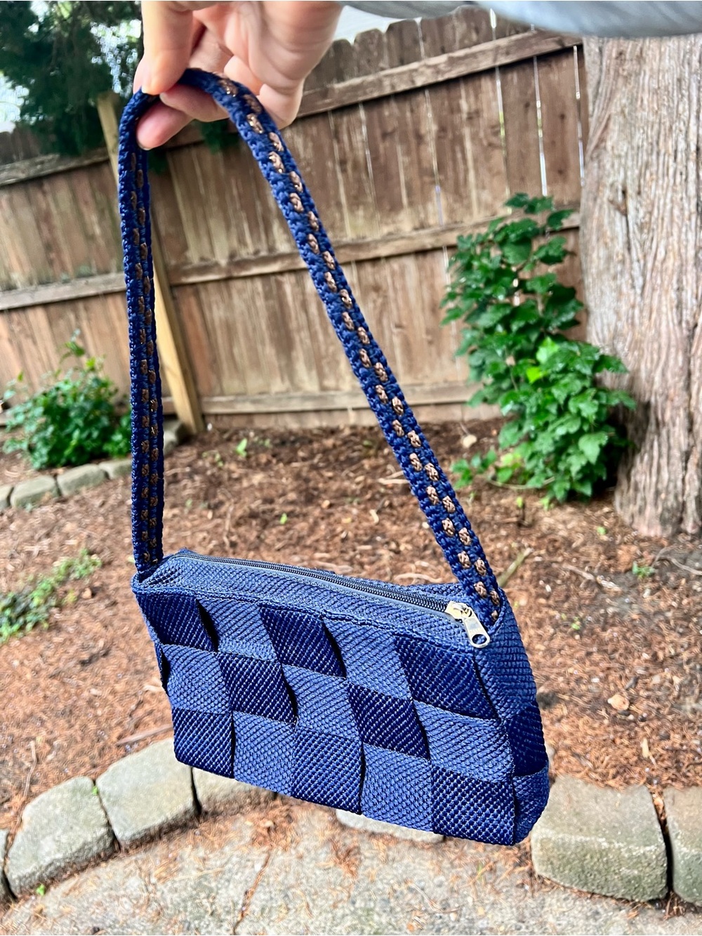 Vintage Made in Italy Navy blue Woven Ribbon Shoulder Bag Baguette Blitz Zipper
